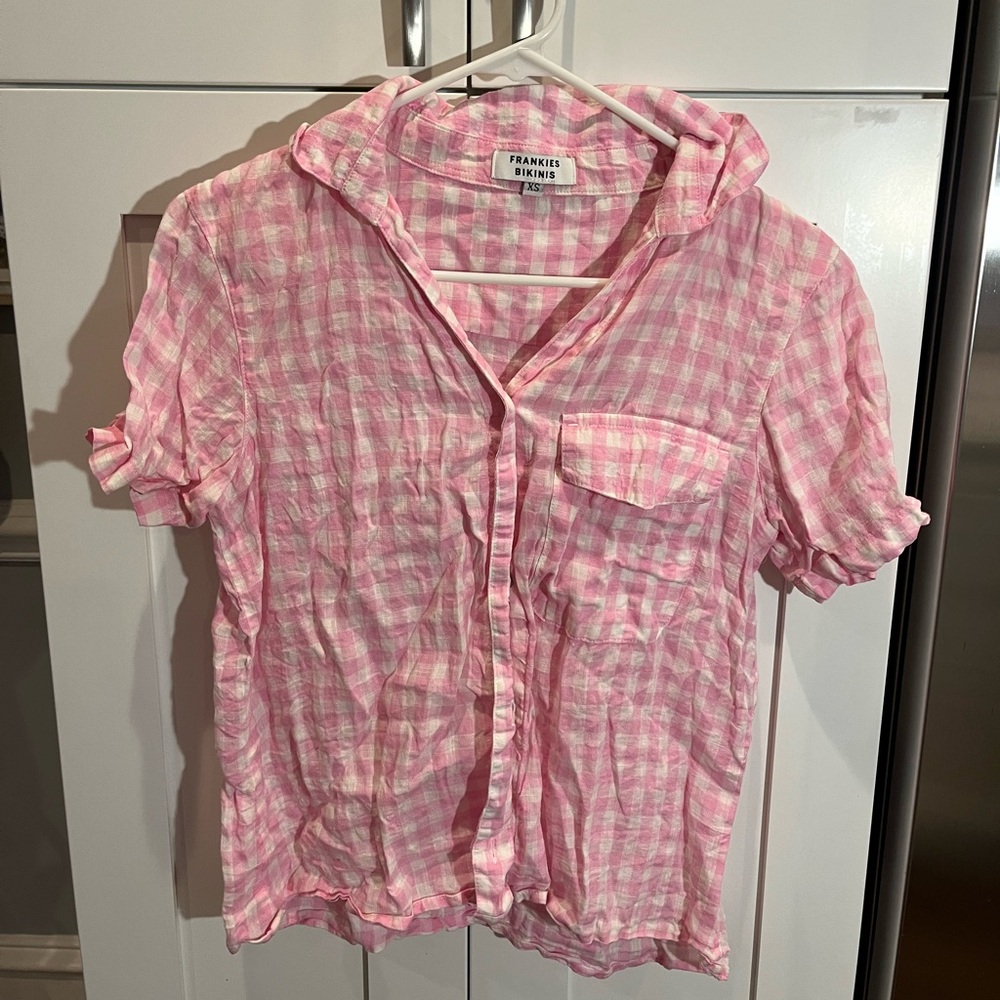 Pink and White Gingham linen short sleeve shirt, Frankie’s bikinis xs